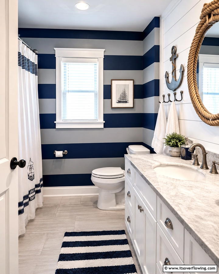 Nautical Theme with Striped Walls - 25 Blue and Gray Bathroom Ideas for a Modern Look