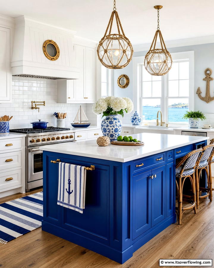 Nautical Theme with White Cabinets and Cobalt Blue Island - 25 White Kitchen Cabinets With Blue Island Ideas