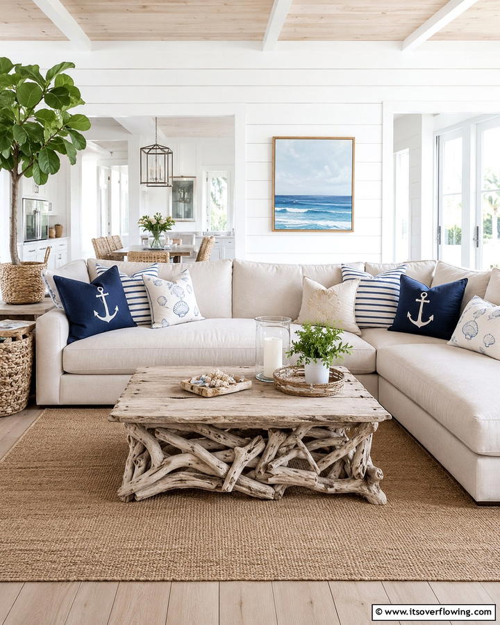 Nautical Throw Pillows - 30 Hamptons Living Room Ideas for Coastal-Inspired Elegance