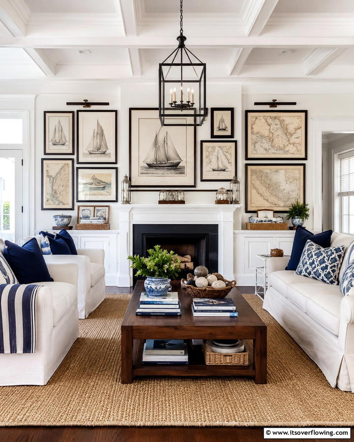 Nautical Wall Art - 30 Hamptons Living Room Ideas for Coastal-Inspired Elegance
