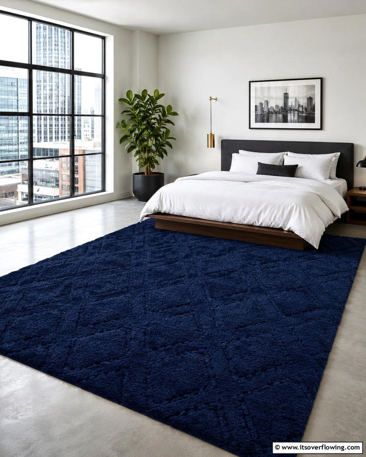 Navy Blue Area Rug on Grey Flooring - 25 Navy Blue and Grey Bedroom Ideas for Modern Style