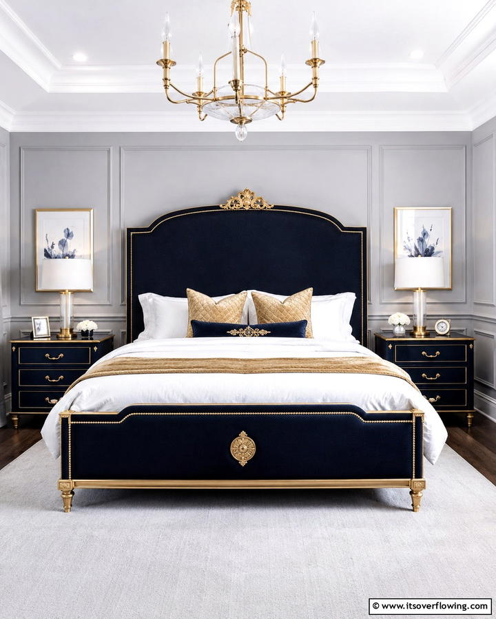 Navy Blue Bed Frame with Gold Detailing - 25 Blue and Gold Bedroom Ideas for a Regal Atmosphere