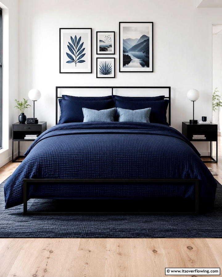 Navy Blue Bedding with Black Frames - 25 Black and Blue Bedroom Ideas for a Bold Statement