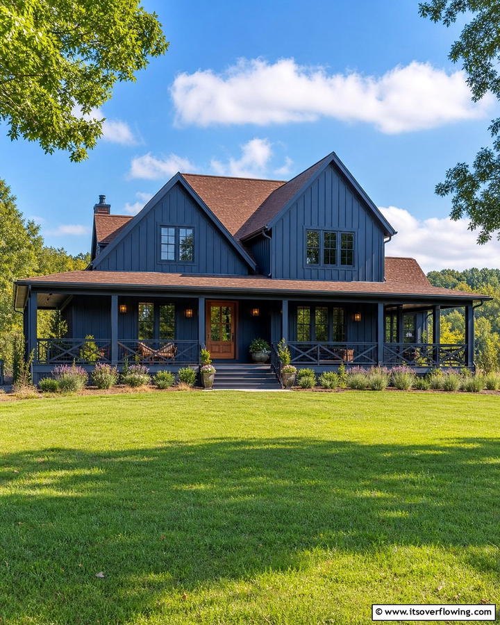 Navy Blue Board and Batten with a Brown Roof - 25 Stunning Blue Exterior Home with Brown Roof Ideas
