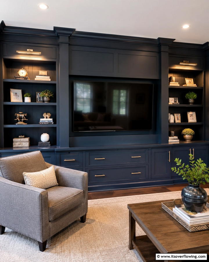 Navy Blue Built in Shelving2 - 25 Navy Blue Living Room Ideas for a Cozy Retreat