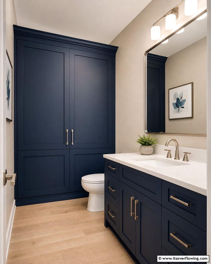 Navy Blue Cabinetry with Neutral Walls - 20 Navy Blue Powder Room Ideas for a Chic Look