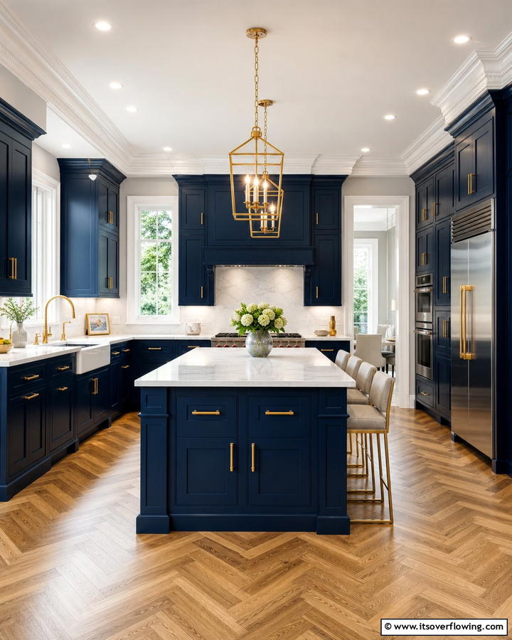 Navy Blue Cabinets with Polished Gold Pulls - 25 Blue Kitchen Cabinets With Gold Hardware for a Luxe Look