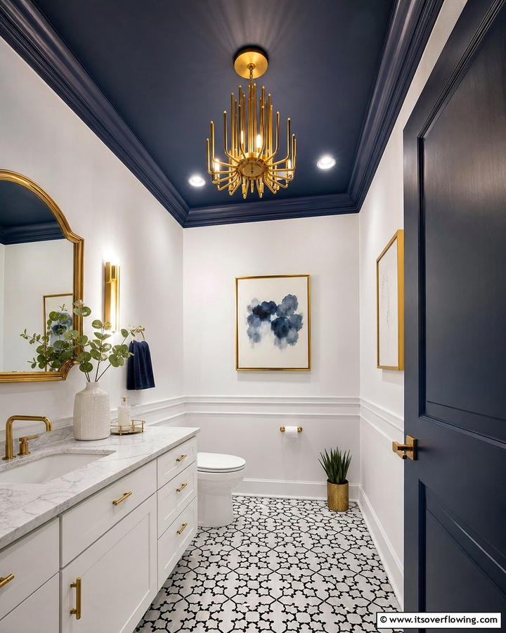 Navy Blue Ceiling for Drama - 20 Navy Blue Powder Room Ideas for a Chic Look