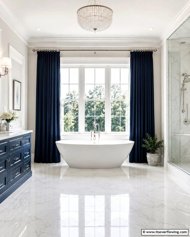 Navy Blue Curtains or Blinds - 25 Navy Blue Bathroom Ideas for a Luxurious Look