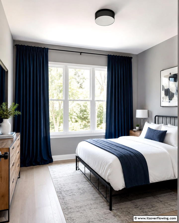 Navy Blue Curtains with Grey Walls - 25 Navy Blue and Grey Bedroom Ideas for Modern Style
