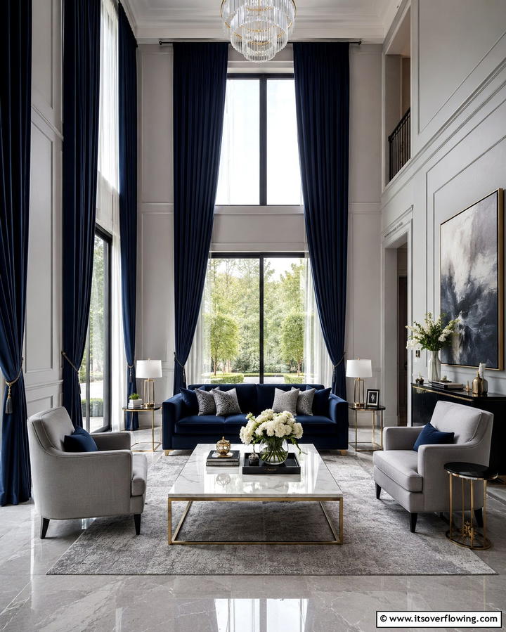 Navy Blue Curtains with Light Grey Walls - 30 Soothing Blue & Grey Living Room Designs for Relaxing Spaces