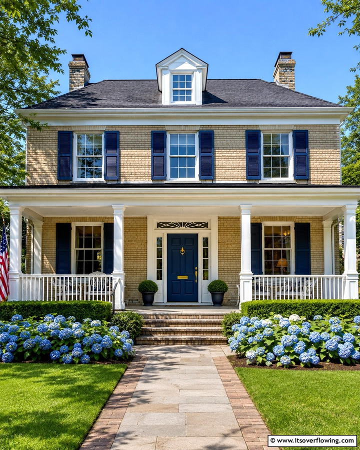 Navy Blue Detailing for a Bold Statement - 30 Warm Blonde Brick House Color Schemes for Modern Homes