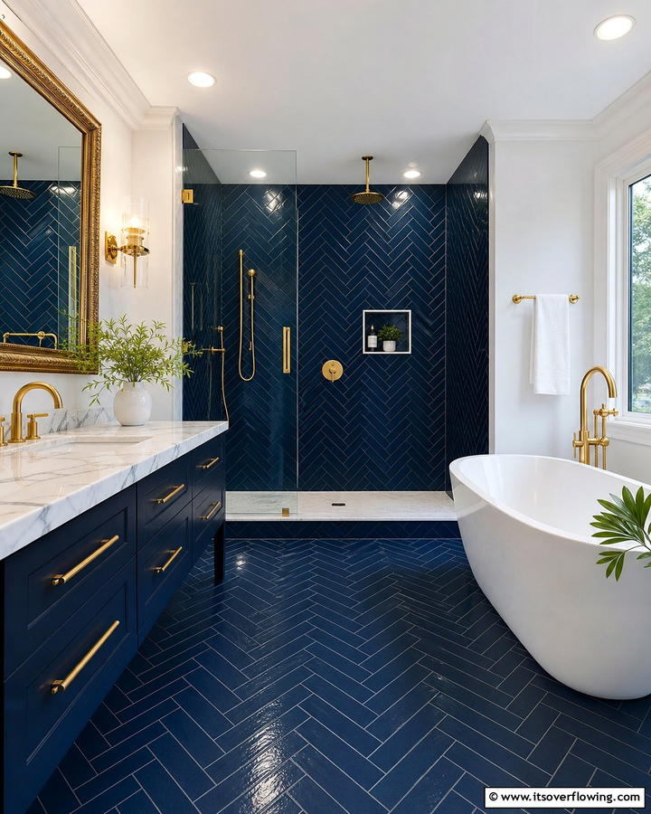 Navy Blue Herringbone Layout - 25 Stunning Blue Tile Bathroom Ideas for a Fresh Look