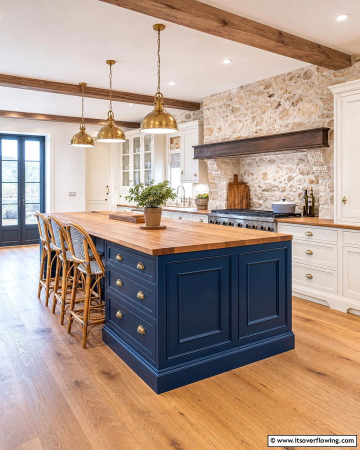Navy Blue Island with Wooden Countertops - 20 Blue French Country Kitchen Ideas- Charming & Bright