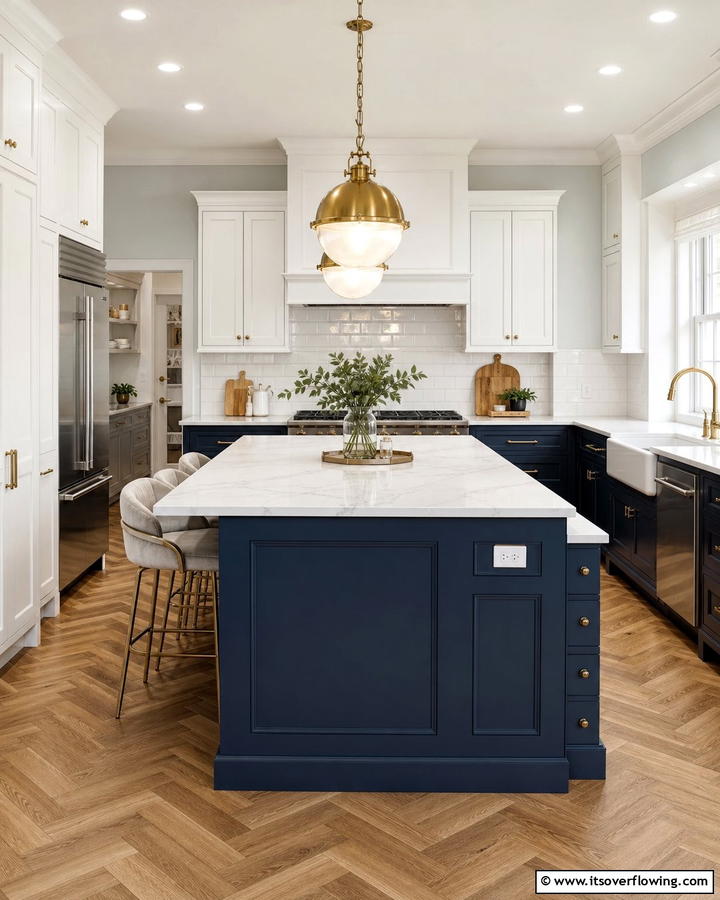 Navy Blue Islands with Brass Accents - 25 Blue Kitchen Island Ideas for a Fresh Look