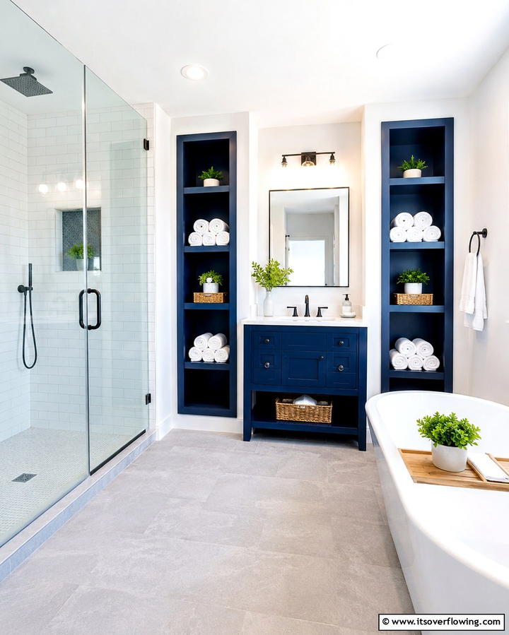 Navy Blue Shelving Units - 25 Navy Blue Bathroom Ideas for a Luxurious Look