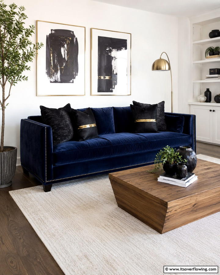 Navy Blue Sofa with Black Throw Pillows - 25 Bold Black and Blue Living Room Ideas for a Statement