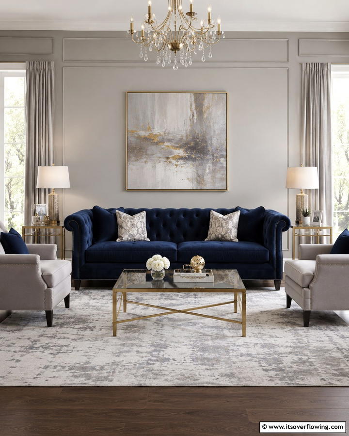 Navy Blue Sofa with Light Grey Walls - 30 Soothing Blue & Grey Living Room Designs for Relaxing Spaces