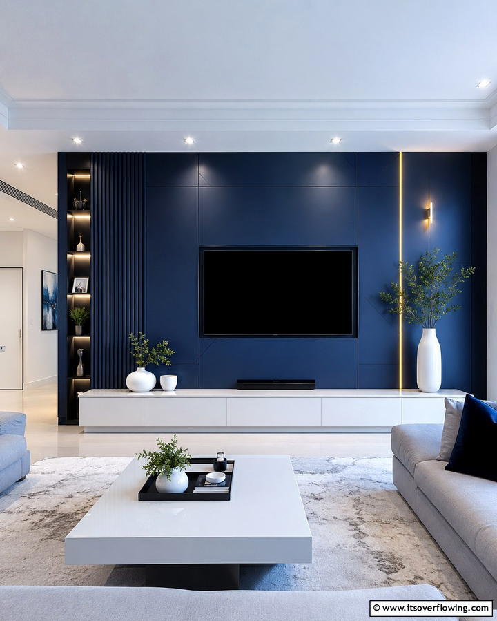 Navy Blue Statement Wall - 25 Navy Blue Living Room Ideas for a Cozy Retreat