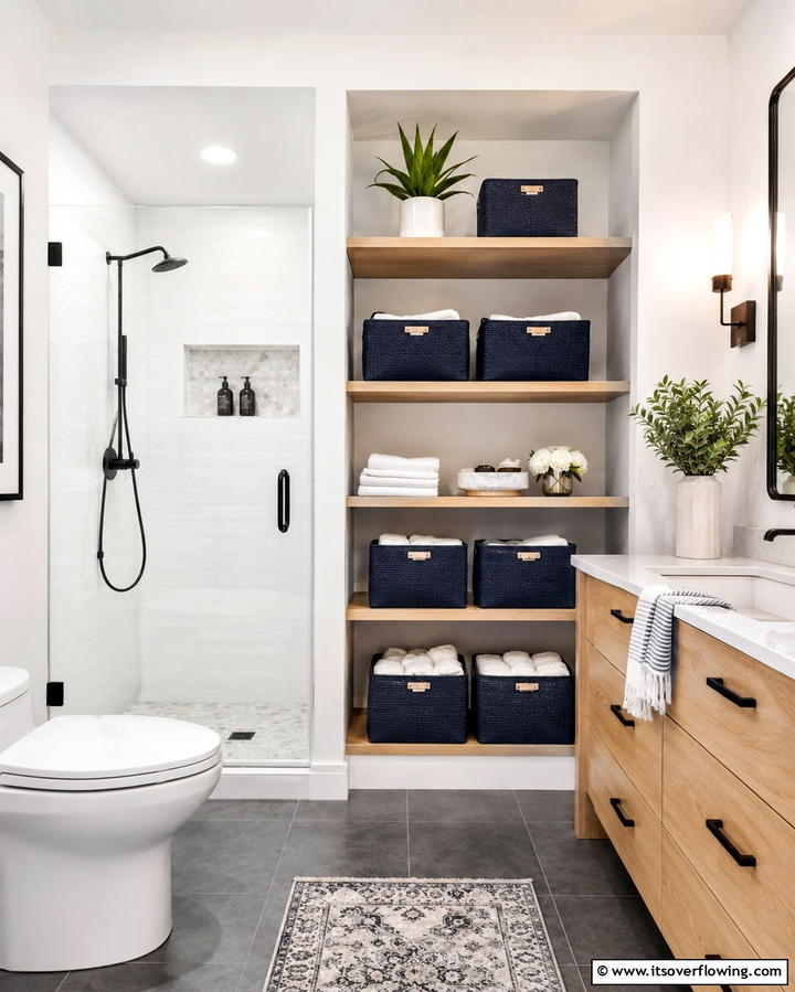 Navy Blue Storage Baskets - 25 Navy Blue Bathroom Ideas for a Luxurious Look
