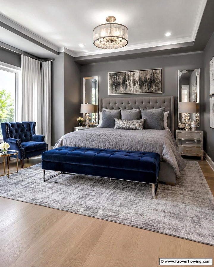 Navy Blue Upholstered Bench - 25 Navy Blue and Grey Bedroom Ideas for Modern Style