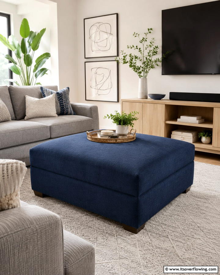 Navy Blue Upholstered Ottoman - 25 Navy Blue Living Room Ideas for a Cozy Retreat