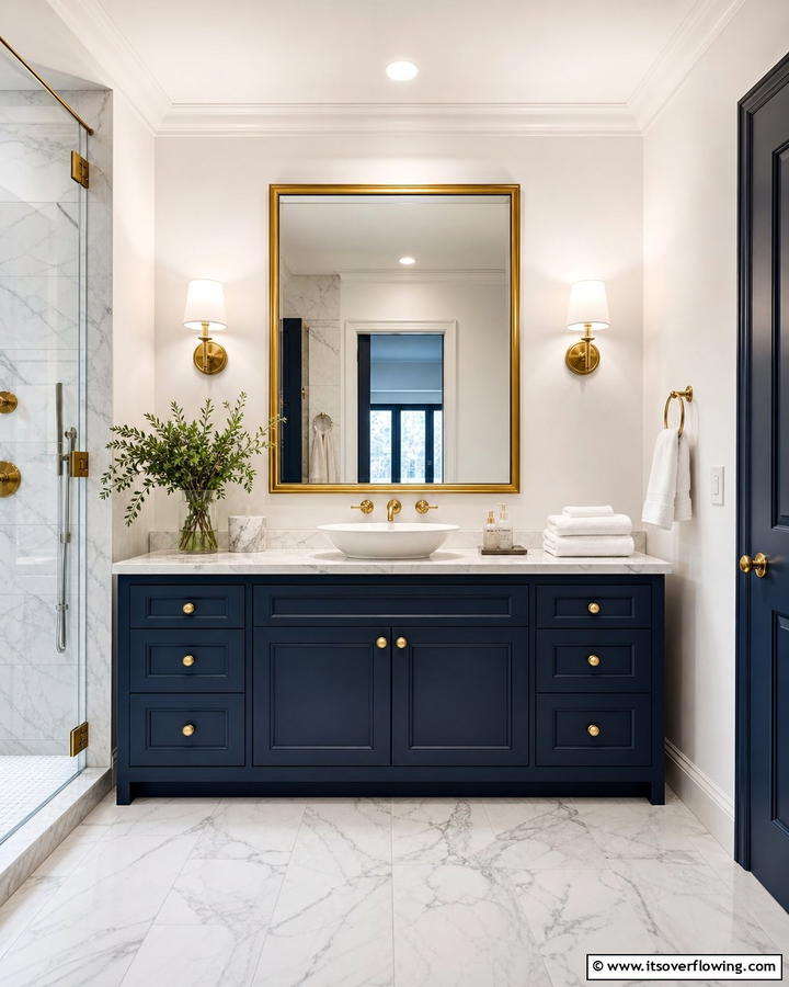 Navy Blue Vanity with Brass Accents - 25 Stunning Blue Bathroom Vanity Ideas