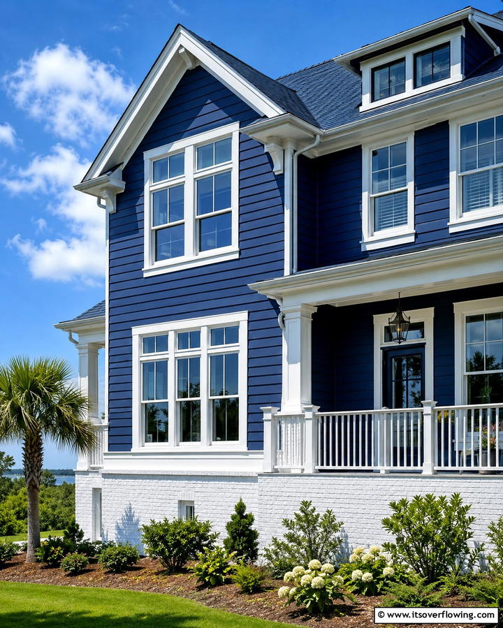 Navy Blue Vinyl with White Brick - 25 Vinyl Siding and Brick Combinations for Curb Appeal