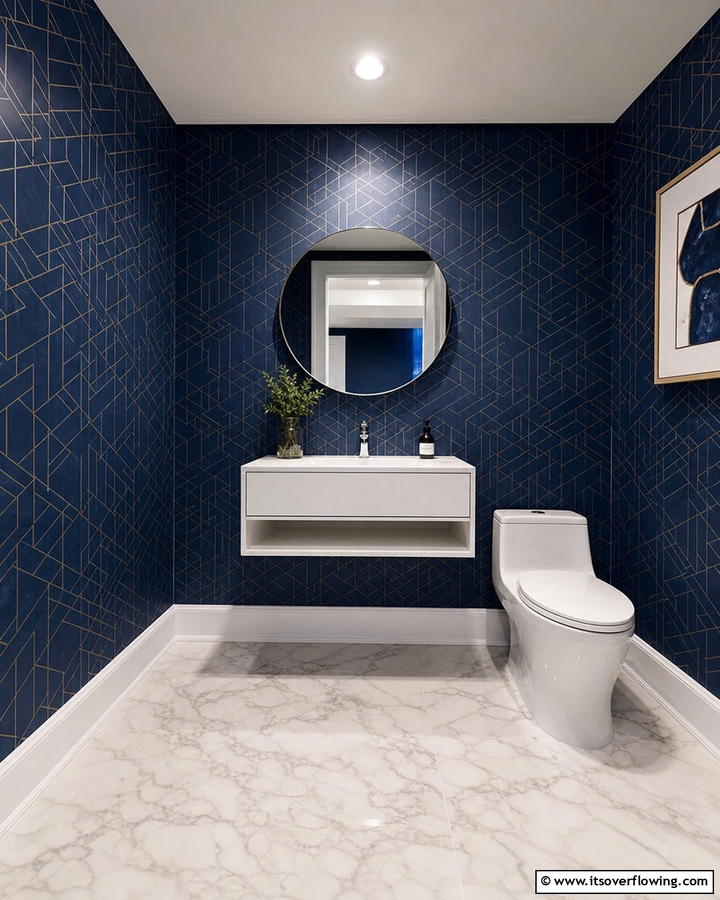 Navy Blue Wallpaper with Subtle Patterns - 20 Navy Blue Powder Room Ideas for a Chic Look