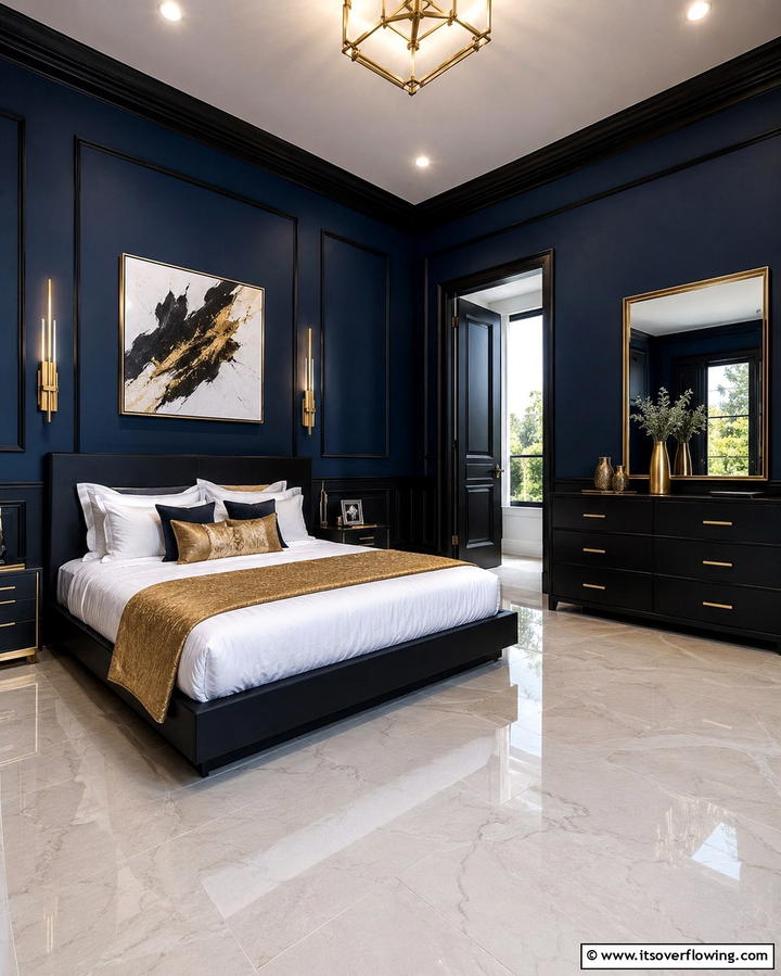 Navy Blue Walls with Black Trim - 25 Black and Blue Bedroom Ideas for a Bold Statement