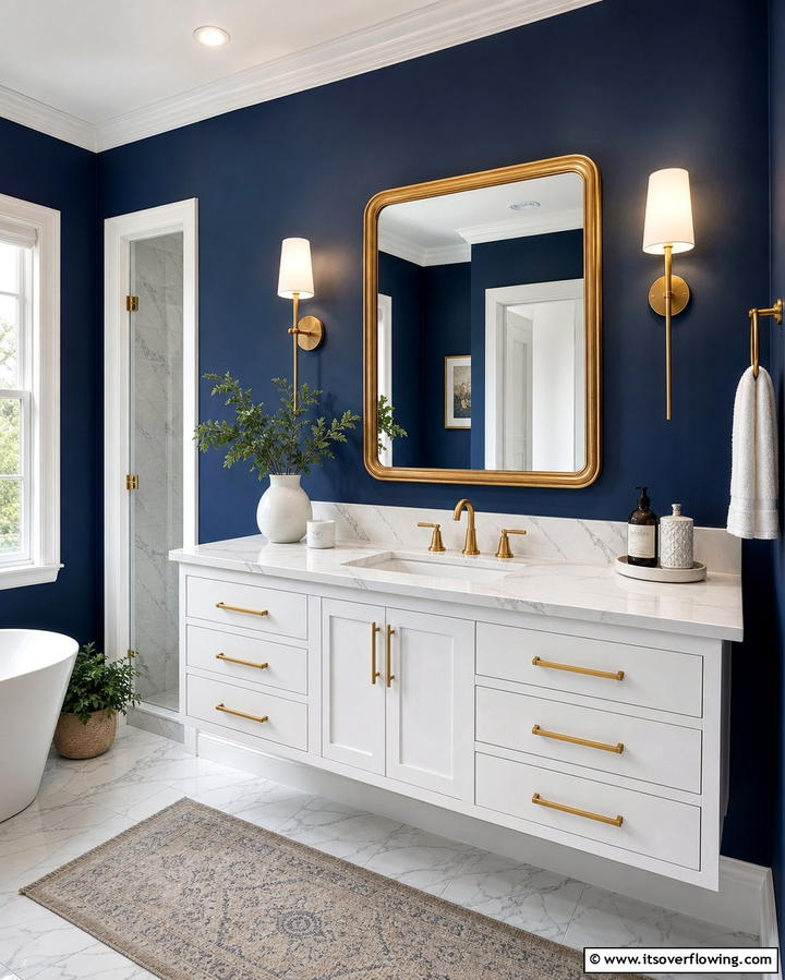 Navy Blue Walls with Gold Sconces - 25 Blue and Gold Bathroom Ideas for a Luxurious Retreat
