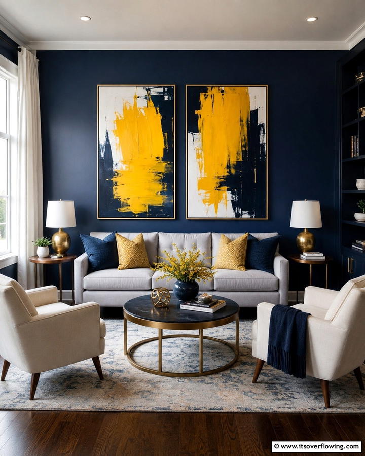 Navy Blue Walls with Yellow Art Pieces - 25 Yellow and Blue Living Room Ideas for a Fresh Look