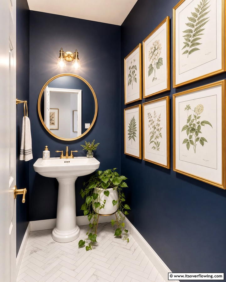 Navy Blue and Botanical Prints - 20 Navy Blue Powder Room Ideas for a Chic Look