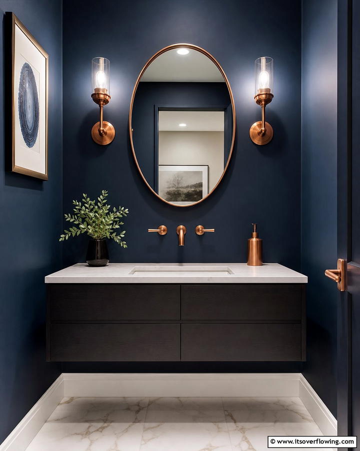 Navy Blue and Copper Pairing - 20 Navy Blue Powder Room Ideas for a Chic Look