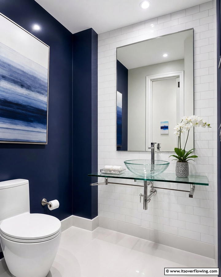 Navy Blue and Glass Elements - 20 Navy Blue Powder Room Ideas for a Chic Look