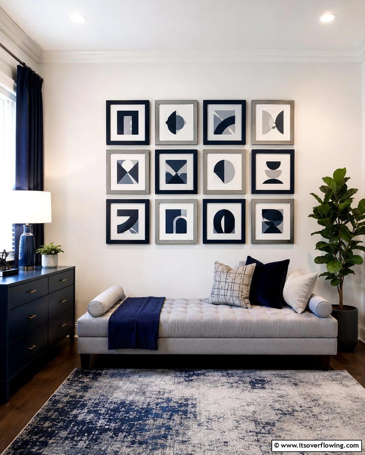 Navy Blue and Grey Gallery Wall - 25 Navy Blue and Grey Bedroom Ideas for Modern Style