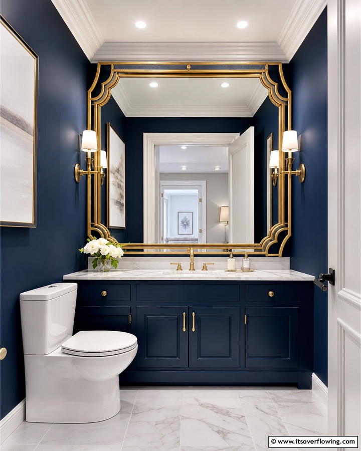Navy Blue and Mirror Accents - 20 Navy Blue Powder Room Ideas for a Chic Look
