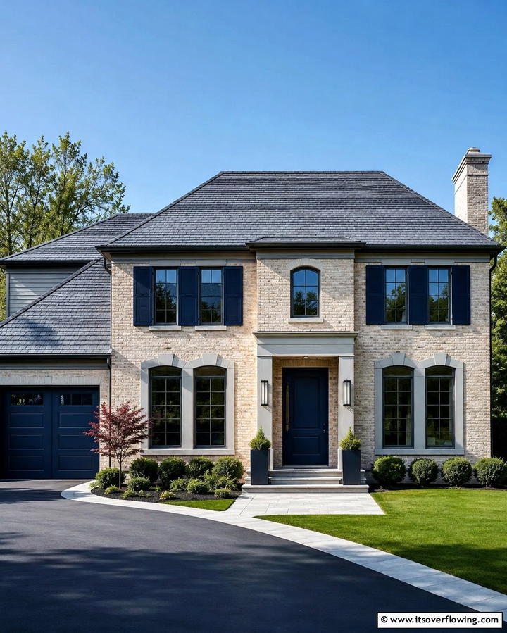 Navy Blue and Soft Gray - 30 Warm Blonde Brick House Color Schemes for Modern Homes