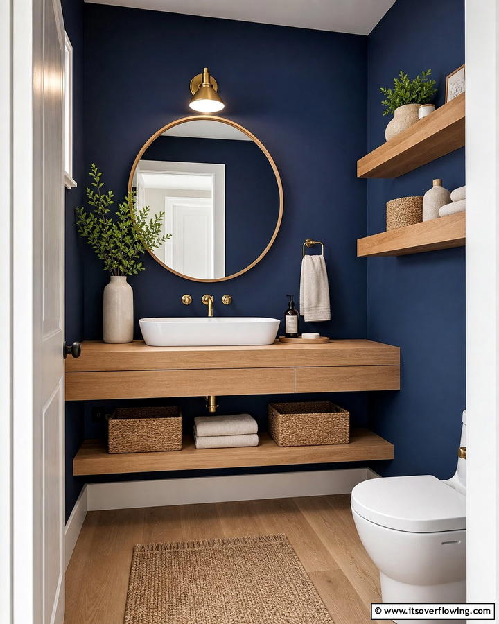 Navy Blue and Wood Accents - 20 Navy Blue Powder Room Ideas for a Chic Look