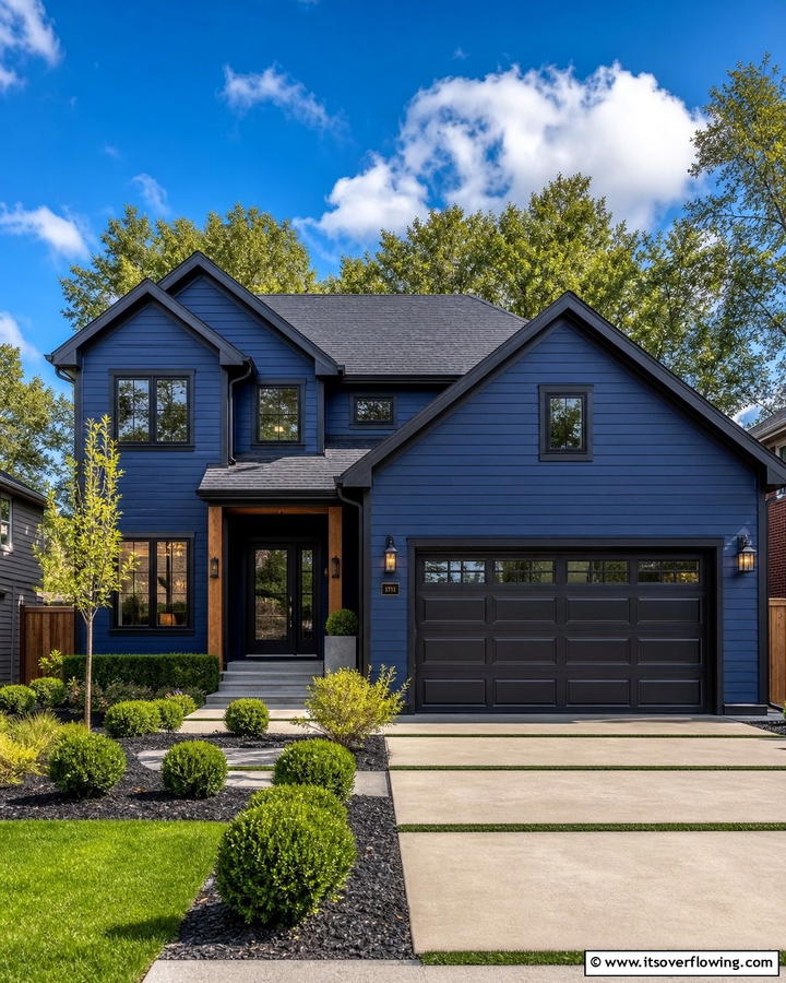 Navy Blue with Black Garage Door - 25 Blue House With Black Trim Ideas for a Striking Exterior