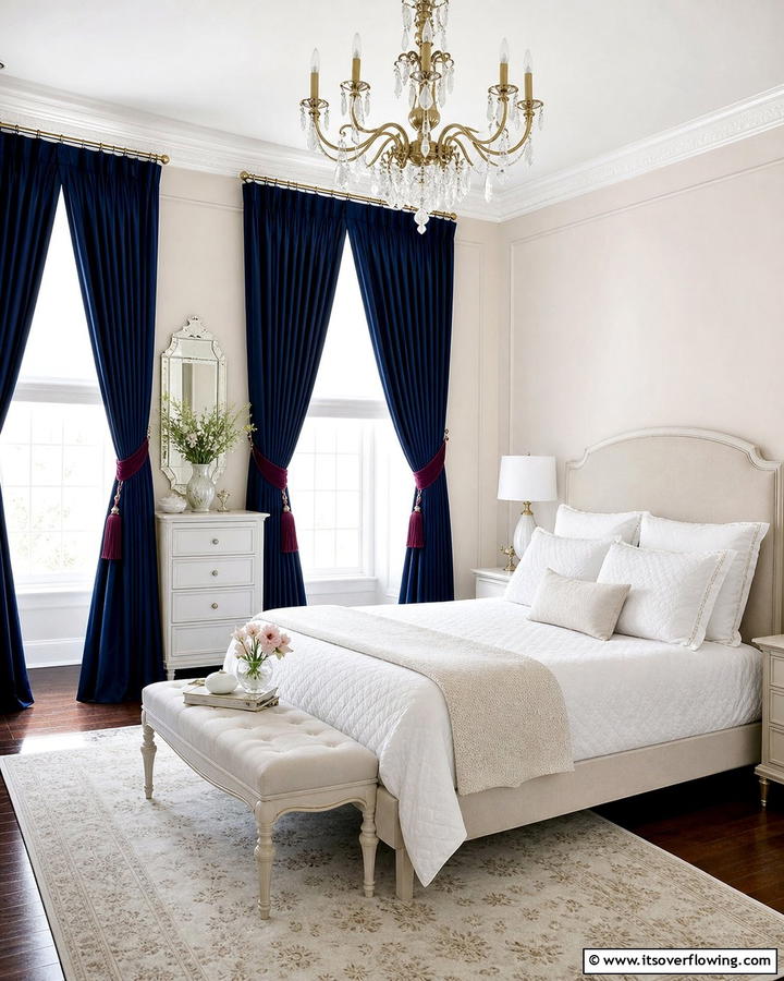 Navy Curtains with Plum Tiebacks - 20 Blue and Purple Bedroom Ideas- Vibrant & Cozy Designs