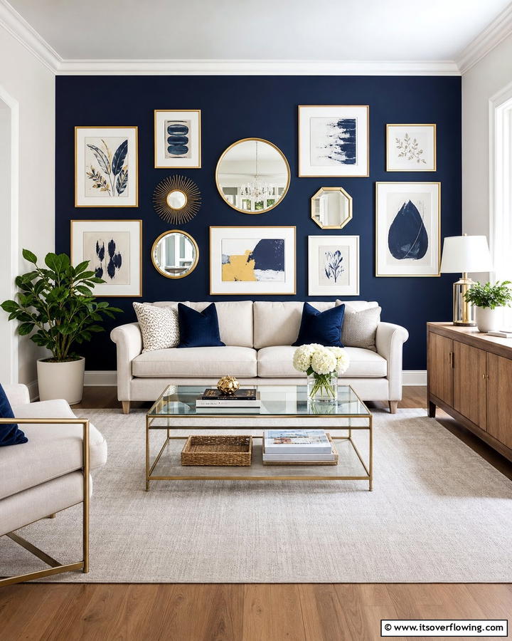 Navy Gallery Wall - 20 Navy Living Room Ideas for a Bold Statement
