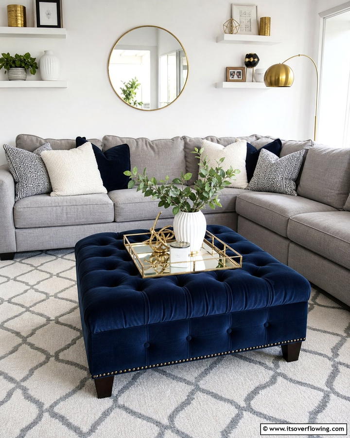 Navy Ottoman - 20 Navy Living Room Ideas for a Bold Statement