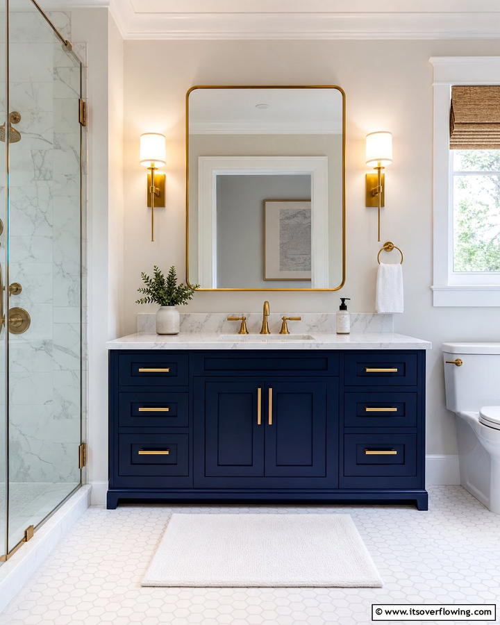 Navy Vanity with Gold Accents - 25 Stunning Blue Bathroom Vanity Ideas