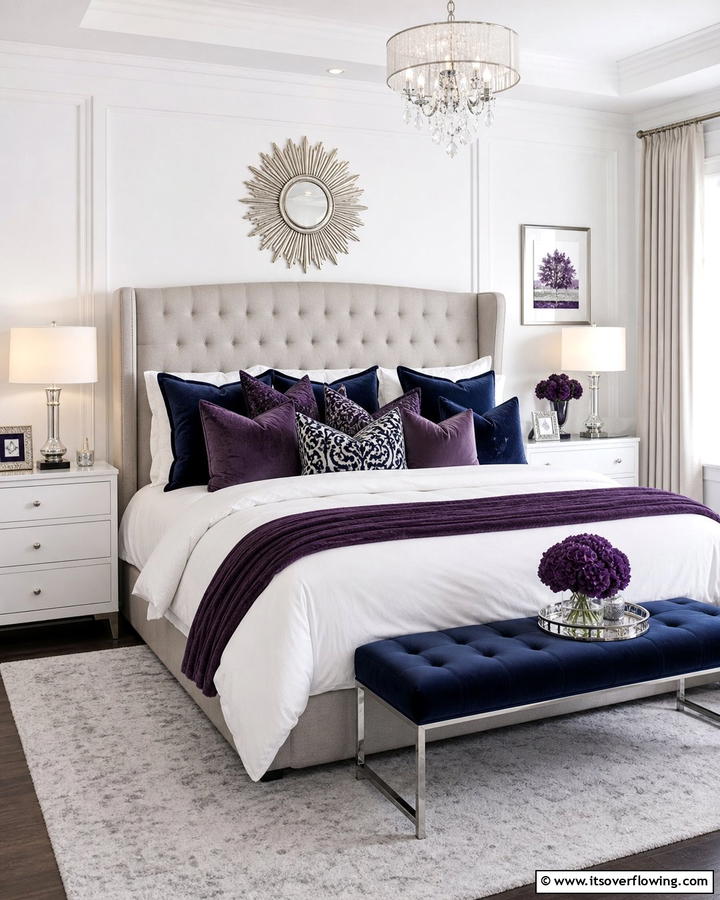 Navy and Amethyst Throw Pillows - 20 Blue and Purple Bedroom Ideas- Vibrant & Cozy Designs