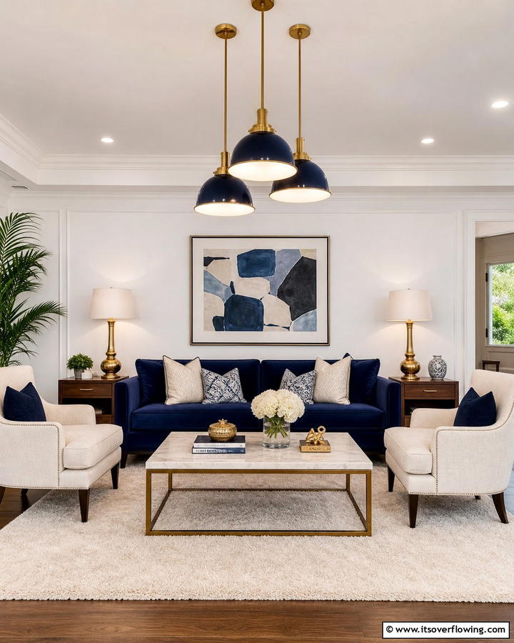 Navy and Brass Lighting - 20 Navy Living Room Ideas for a Bold Statement