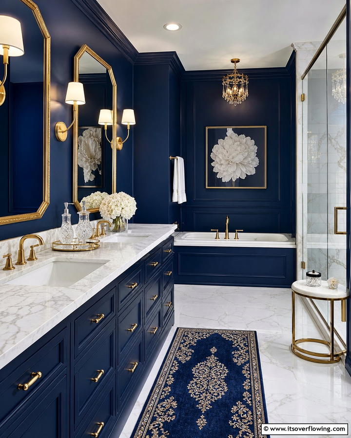 Navy and Gold Elegance - 25 Blue Bathroom Ideas for a Serene Retreat