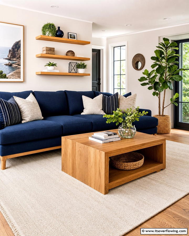 Navy and Natural Wood - 20 Navy Living Room Ideas for a Bold Statement
