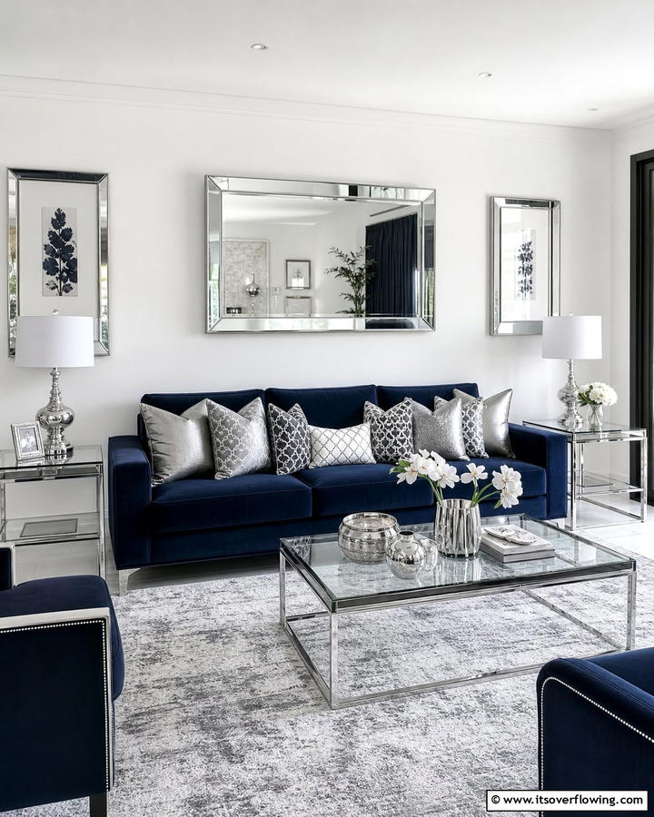 Navy and Silver Decor - 20 Navy Living Room Ideas for a Bold Statement