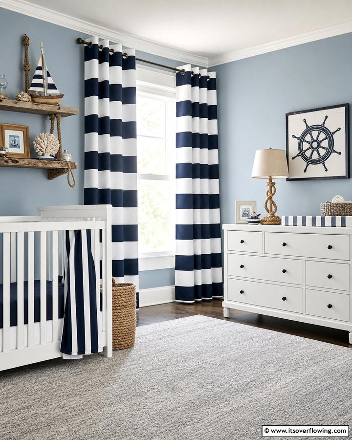 Navy and White Striped Curtains - 25 Blue Nursery Ideas for a Calming and Serene Baby Room